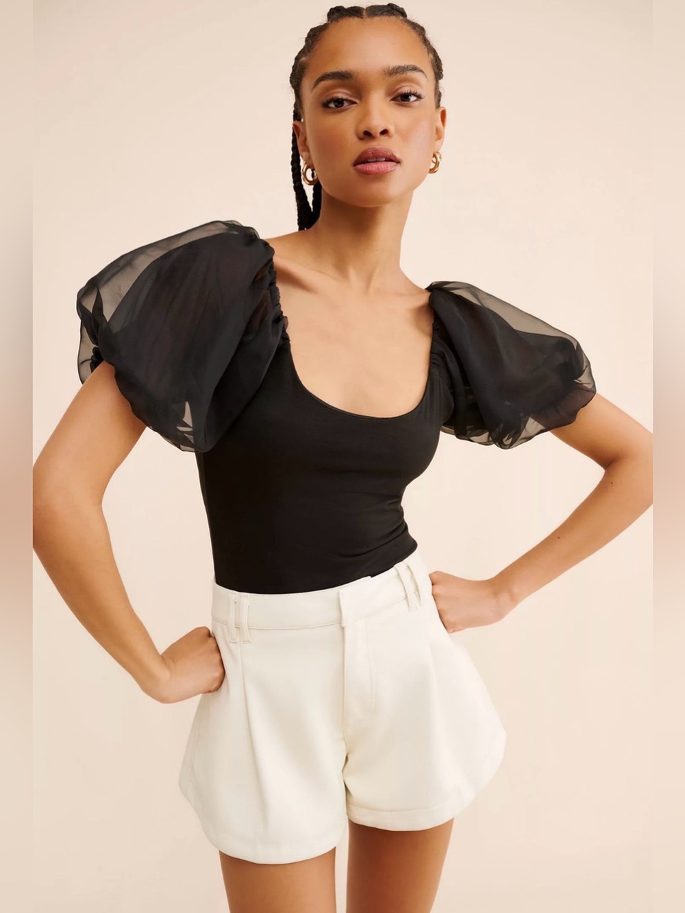 Steve Madden Sheer Puff-Sleeve Scoop Neck Top - Black